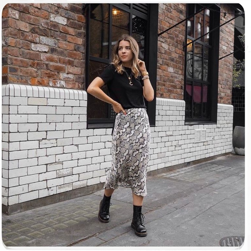 Mango Python Print Midi Skirt – Neutral Satin Silky Slip Skirt, Size M